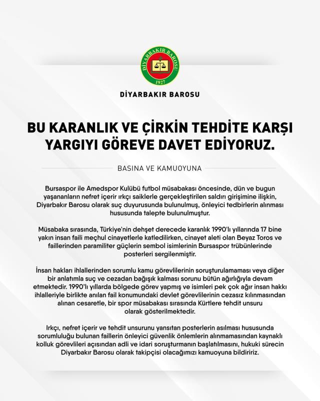 Diyarbakır Barosu'ndan Bursaspor-Amedspor maçındaki olayla ilişkin suç duyurusu